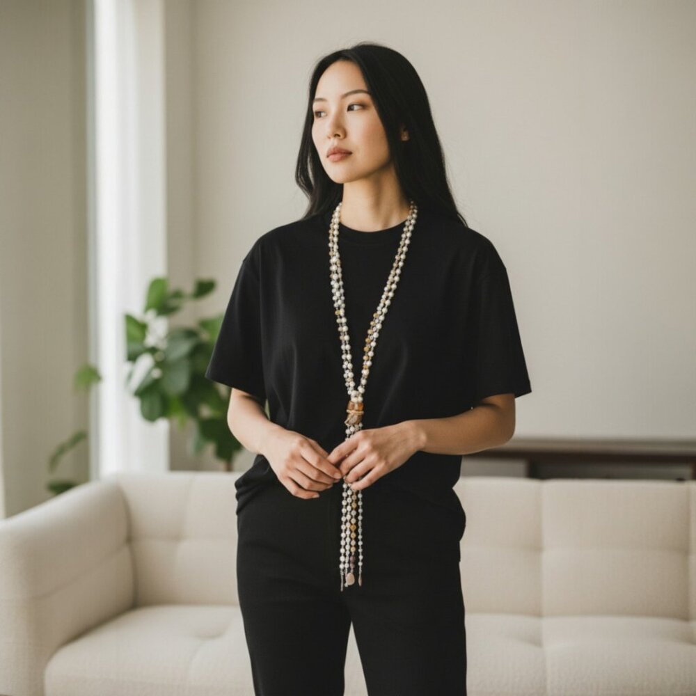 Long Pearl Stone Crystal Leather Necklace